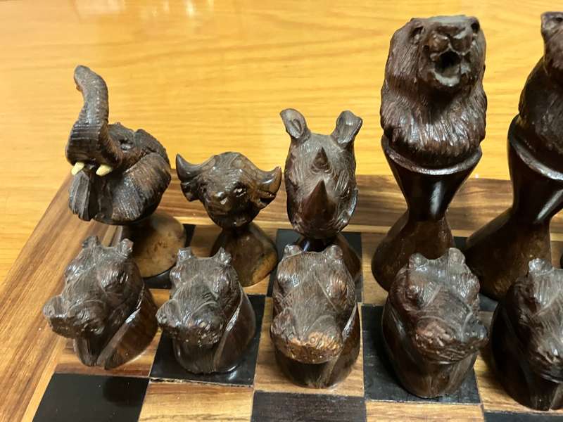 Hand-crafted African wildlife chess set