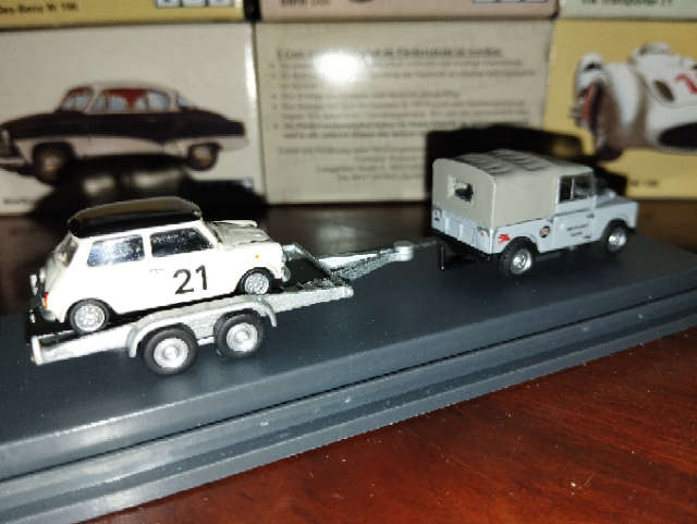 Schuco Landrover with Racing Mini Cooper on Trailer - 1/87 Scale