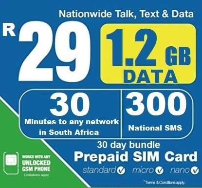 Starter pack for R50 - prepaid sim (loaded with 1.2GB and 30 mins and 300 sms valid for 30 days)