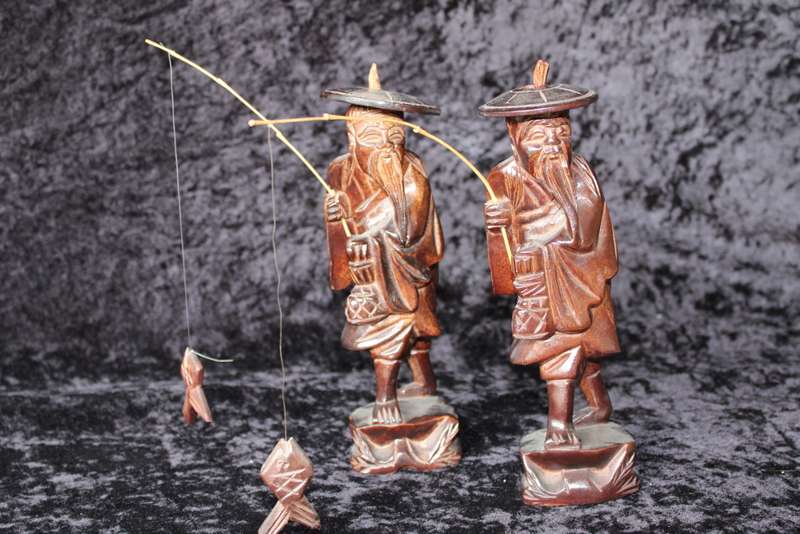 Set of 2 Chinese Fishing Men Figurines