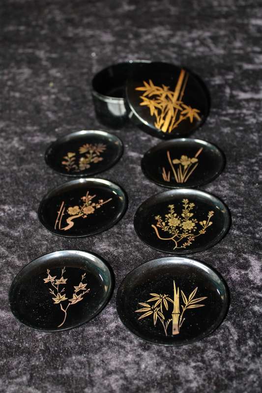 Set of 6 Vintage Japanese Hand Painted Coasters with Container.