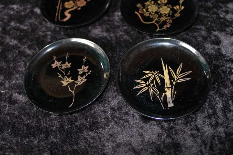 Set of 6 Vintage Japanese Hand Painted Coasters with Container.
