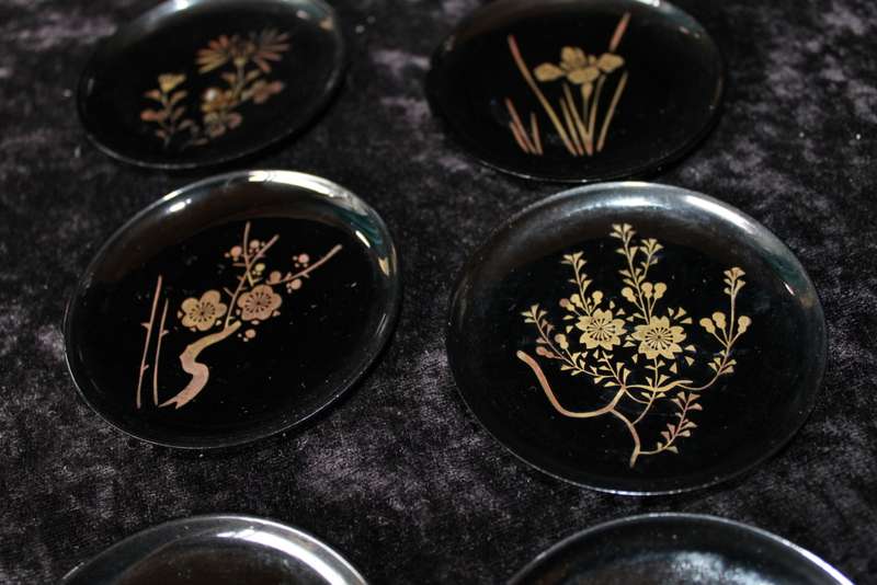 Set of 6 Vintage Japanese Hand Painted Coasters with Container.
