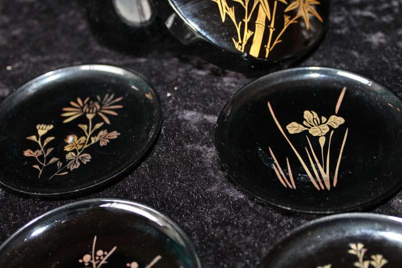 Set of 6 Vintage Japanese Hand Painted Coasters with Container.