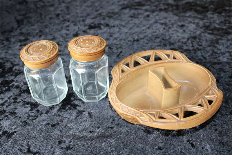 Vintage Italian Resin Salt and Pepper Set in Tray with Toothpick Holder.