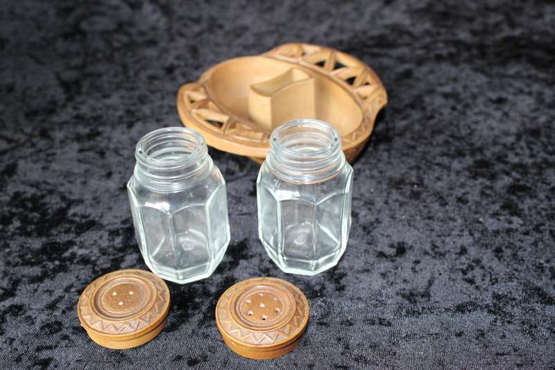 Vintage Italian Resin Salt and Pepper Set in Tray with Toothpick Holder.