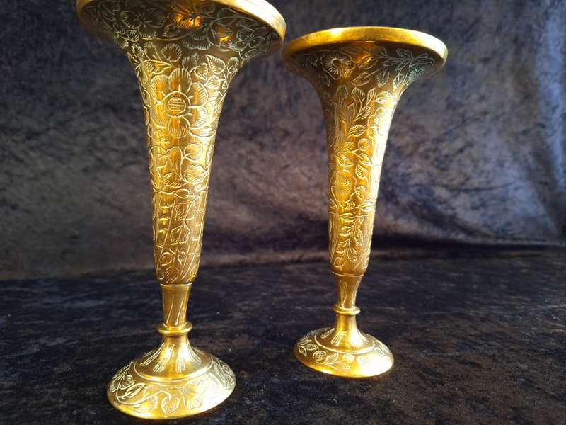 Pair of Brass Trumpet Bud Vases - Made in India