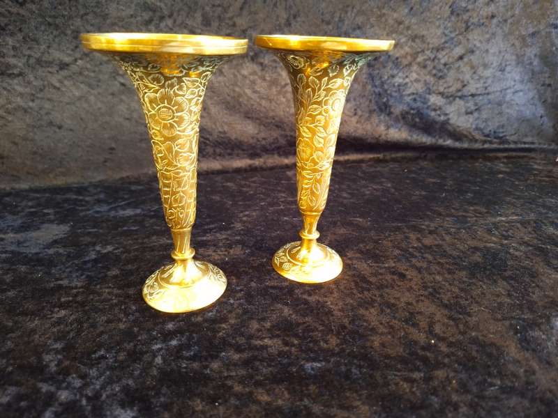 Pair of Brass Trumpet Bud Vases - Made in India