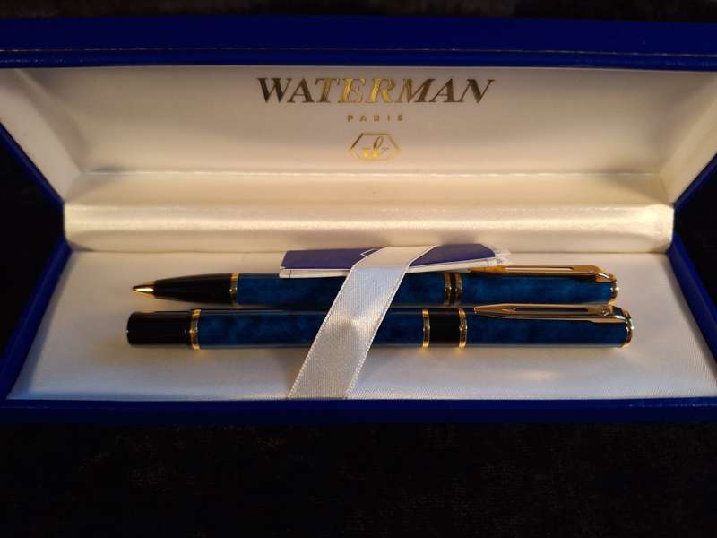 Set of Waterman Pen (Fountain Pen) and Pencil - Blue Marble.