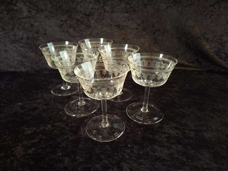 Stunning Edwardian Pall Mall - Lady Hamilton Etched Antique Champagne Glasses (Hand Made)