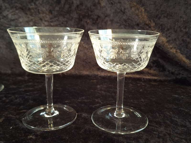 Stunning Edwardian Pall Mall - Lady Hamilton Etched Antique Champagne Glasses (Hand Made)