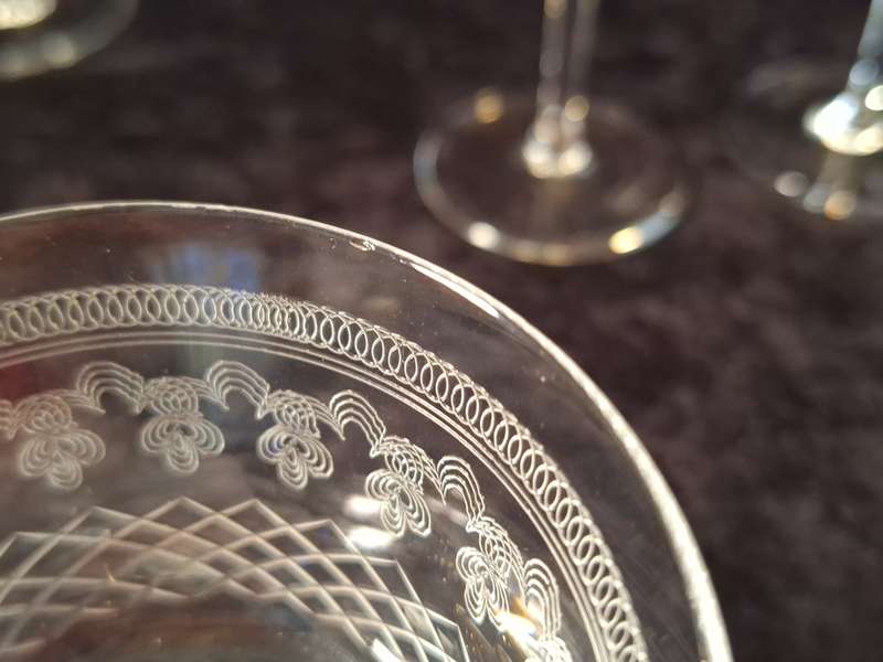 Stunning Edwardian Pall Mall - Lady Hamilton Etched Antique Champagne Glasses (Hand Made)
