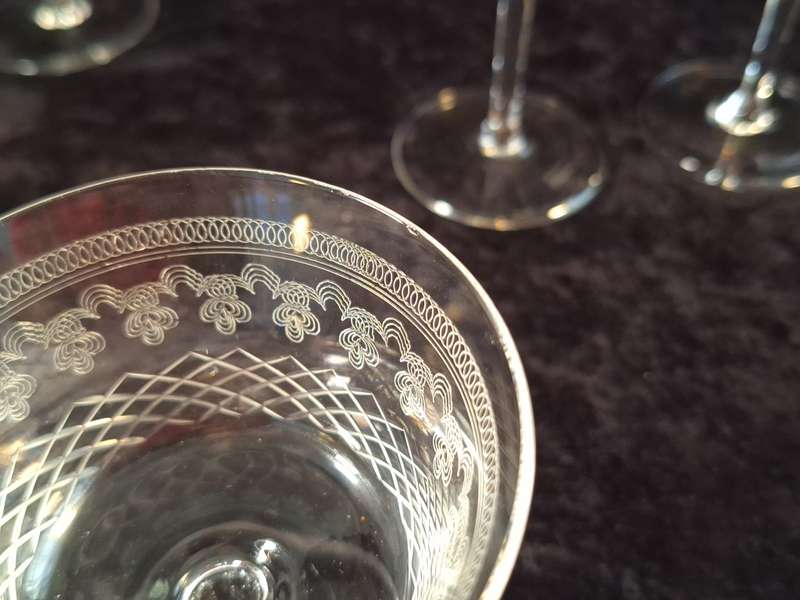 Stunning Edwardian Pall Mall - Lady Hamilton Etched Antique Champagne Glasses (Hand Made)