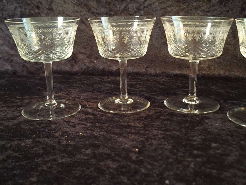 Stunning Edwardian Pall Mall - Lady Hamilton Etched Antique Champagne Glasses (Hand Made)