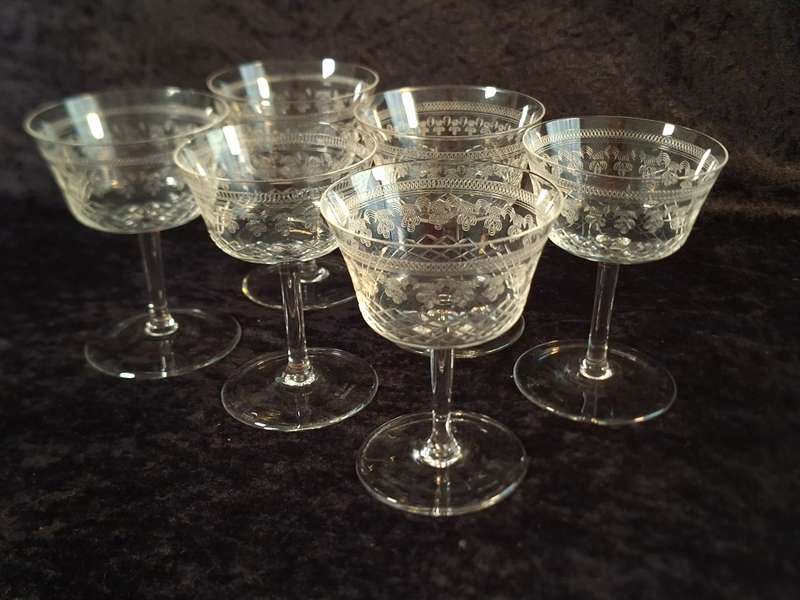 Stunning Edwardian Pall Mall - Lady Hamilton Etched Antique Champagne Glasses (Hand Made)