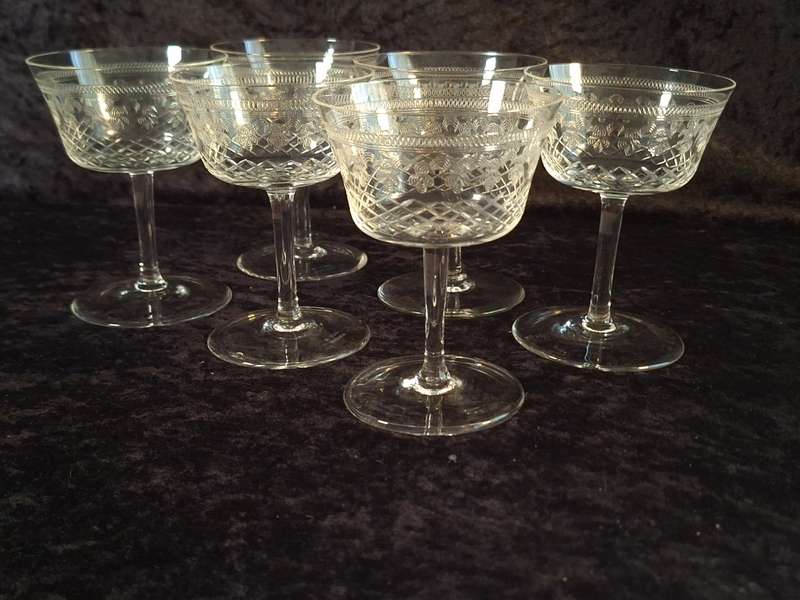 Stunning Edwardian Pall Mall - Lady Hamilton Etched Antique Champagne Glasses (Hand Made)
