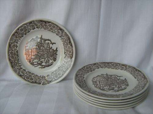 IRONSTONE BROADHURST STAFFORDSHIRE ENGLAND TUDOR VILLAGE SIDE PLATES (X6)