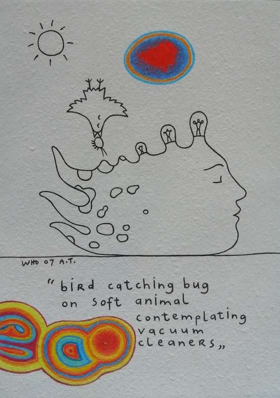 Art painted sketch on paper - "bird catching bug..." - A5 - format - portrait - created 2007