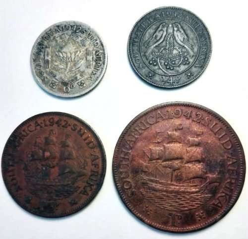 1942 Union Set - George VI - farthing (quarter penny), half penny, one penny, six pence