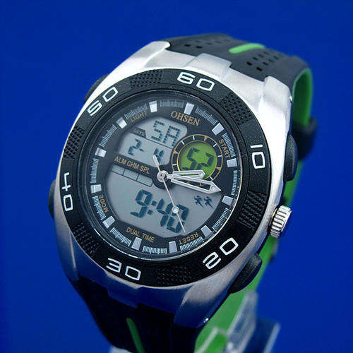 New Quality Ohsen Dual Time Multifunction Sports Watch (Black/Green)