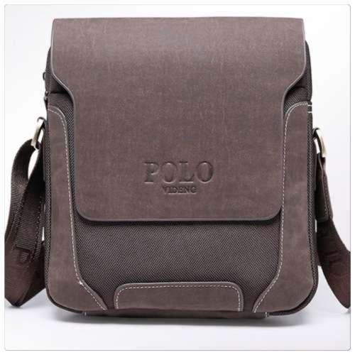 POLO Videng Composite Brown Leather & High quality Canvas Shoulder / Crossbody Bag