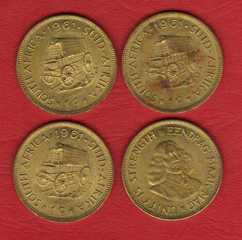 4 x 1961 RSA 1 cent - bid per coin to take the lot of 4 coins - grade for yourself