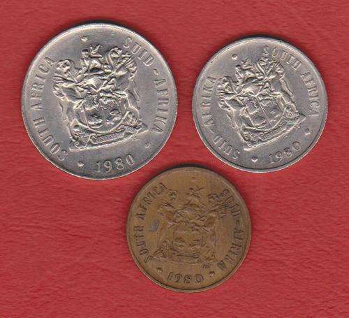 SA 3 x 1980 coins - 50c - 20c - 2c - Unc ? - grade for yourself - 1 bid for all 3 coins