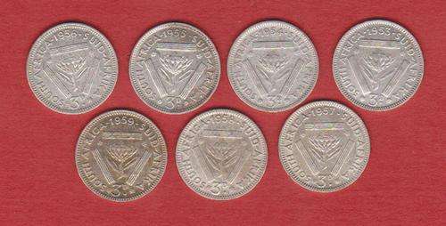 SA Silver Threepence 1953 to 1959 (7 coins - 1 bid for all 7 coins) Queen Elizabeth ll - 3d - Tickey