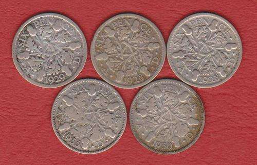 5 x UK Great Britain 6d Six Pence 2 x 1928 - 1929 - 1930 - 1933 - EACH COIN 2.82g .500 SILVER