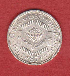 Good Grade SA 1953 Silver SIXPENCE 6d