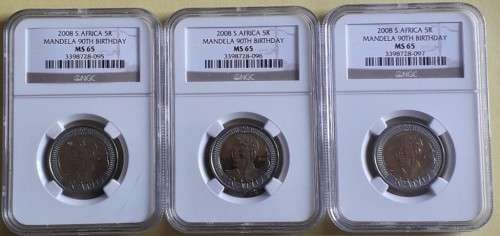 Set of 3 Consecutive NGC graded MS65 MANDELA 90TH BIRTHDAY R5 coins - 1 bid for all 3 - SEE NOTES