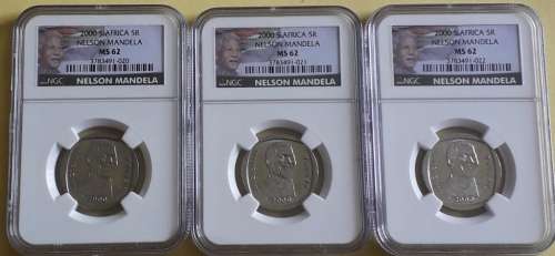 Set of 3 consecutive NGC graded NELSON MANDELA - SMILEY -  R5 coins - MS62 - bid per coin