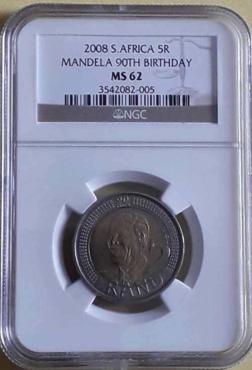 NGC graded MS62 MANDELA 90TH BIRTHDAY R5 coin - 2 available - bid per coin