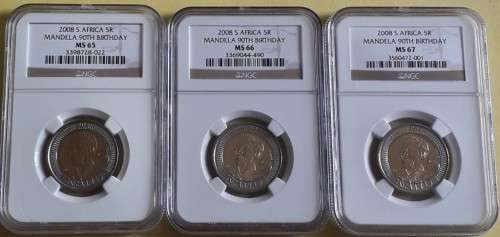 Set of 3 NGC graded MANDELA 90TH BIRTHDAY R5 coins - MS65 / MS66 / MS67 - 1 bid all 3