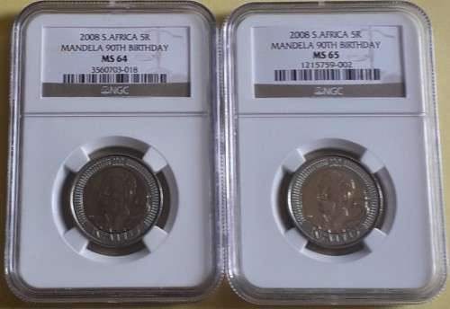 Set of 2 NGC graded MANDELA 90TH BIRTHDAY R5 coins - MS64 / MS65 - 1 bid for both