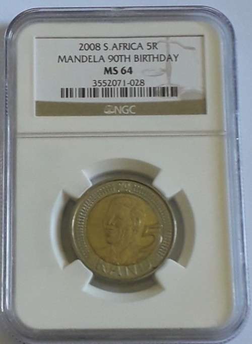 NGC graded MS64 MANDELA 90TH BIRTHDAY R5 coin