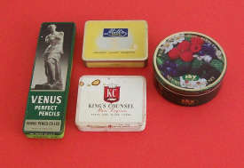 JOB LOT 4 x Old tins  VENUS,KINGS COUNSEL,WALDFRUCHTE BONBONS,MILLS SPECIAL
