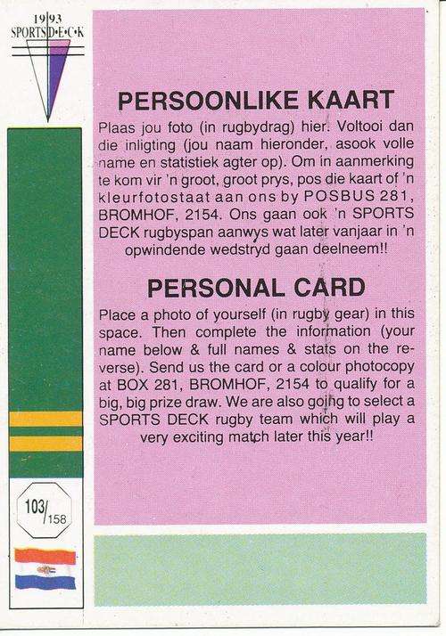 1993 Sports Deck: Personal Card: Card 103/158
