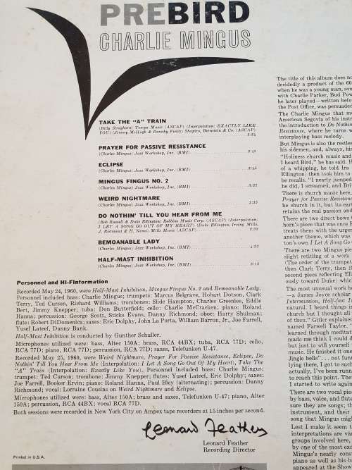 CHARLIE MINGUS Pre Bird (Very Good/Very Good) MG 20627 Mercury USA Pressing 1961