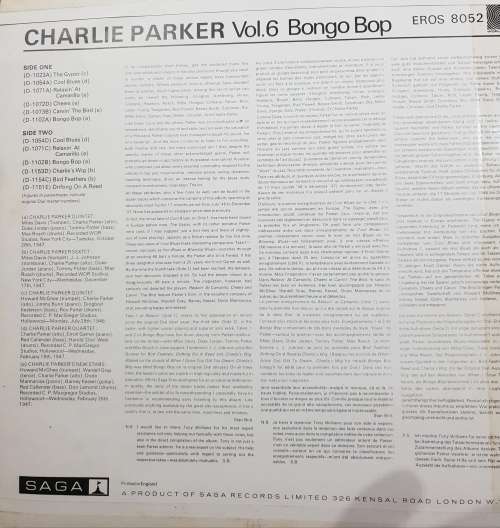CHARLIE PARKER Vol 6 Bongo Bop (Very Good/Very Good) EROS 8052 UK Pressing 1969