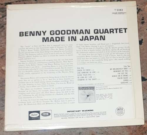 THE BENNY GOODMAN QUARTET Made In Japan (VG+/VG+) Capitol T 2282 Canadian Pressing 1965