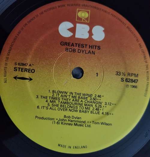 BOB DYLAN Greatest Hits (Very Good+/Very Good) CBS 62847 UK Pressing