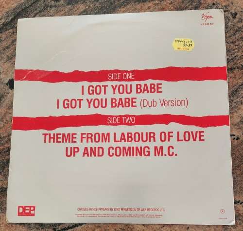 UB40 Ft. CHRISSIE HYNDE I Got You Babe - ``12 MAXI (VG+/VG) Virgin VS 648 12 SA Pressing 1985 - RARE