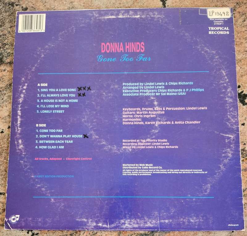 DONNA HINDS Gone Too Far (VG+/VG) - REGGAE - Tropical TROP 7 SA Pressing - RARE REGGAE