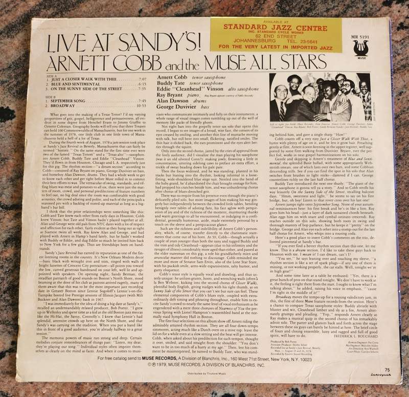 ARNETT COBB & THE MUSE ALL STARS Live At Sandy`s! (VG/VG) Muse MR 5191 SA Pressing - RARE
