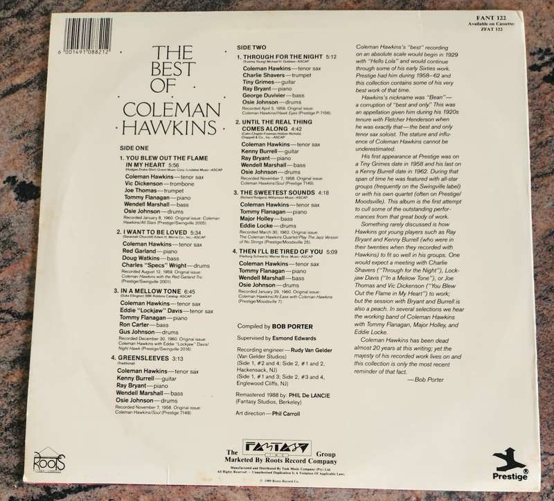 COLEMAN HAWKINS The Best Of (VG+/VG+) Prestige Roots Records FANT 122 SA Pressing 1989