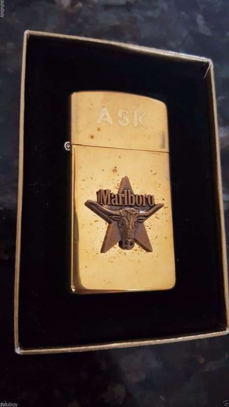 Original 1991 Marlboro Longhorn Steer Star Slim Zippo Brushed Brass Rare Initials ASK