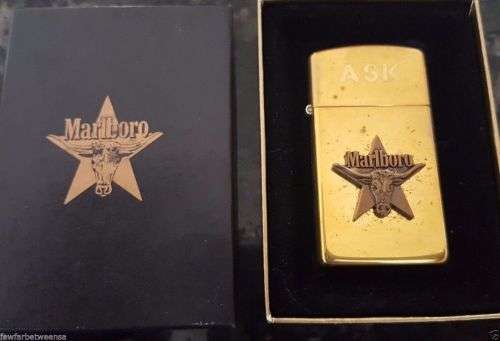 Original 1991 Marlboro Longhorn Steer Star Slim Zippo Brushed Brass Rare Initials ASK