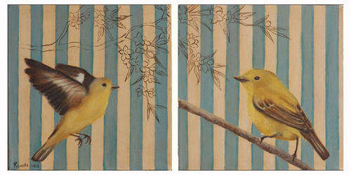"Yellow Birds" Set of two oil paintings
