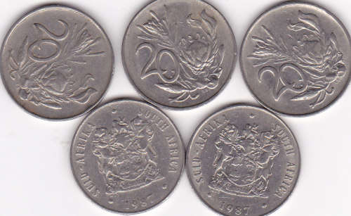 LOW START !!!!   RSA TWENTY CENTS NICKEL (1987) 5 COINS - BID FOR ALL